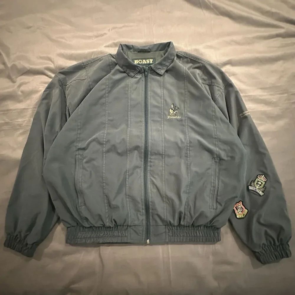 Vintage 80s Boast Windbreaker Jacket Mens Medium Green Golf Embroidery Patches
